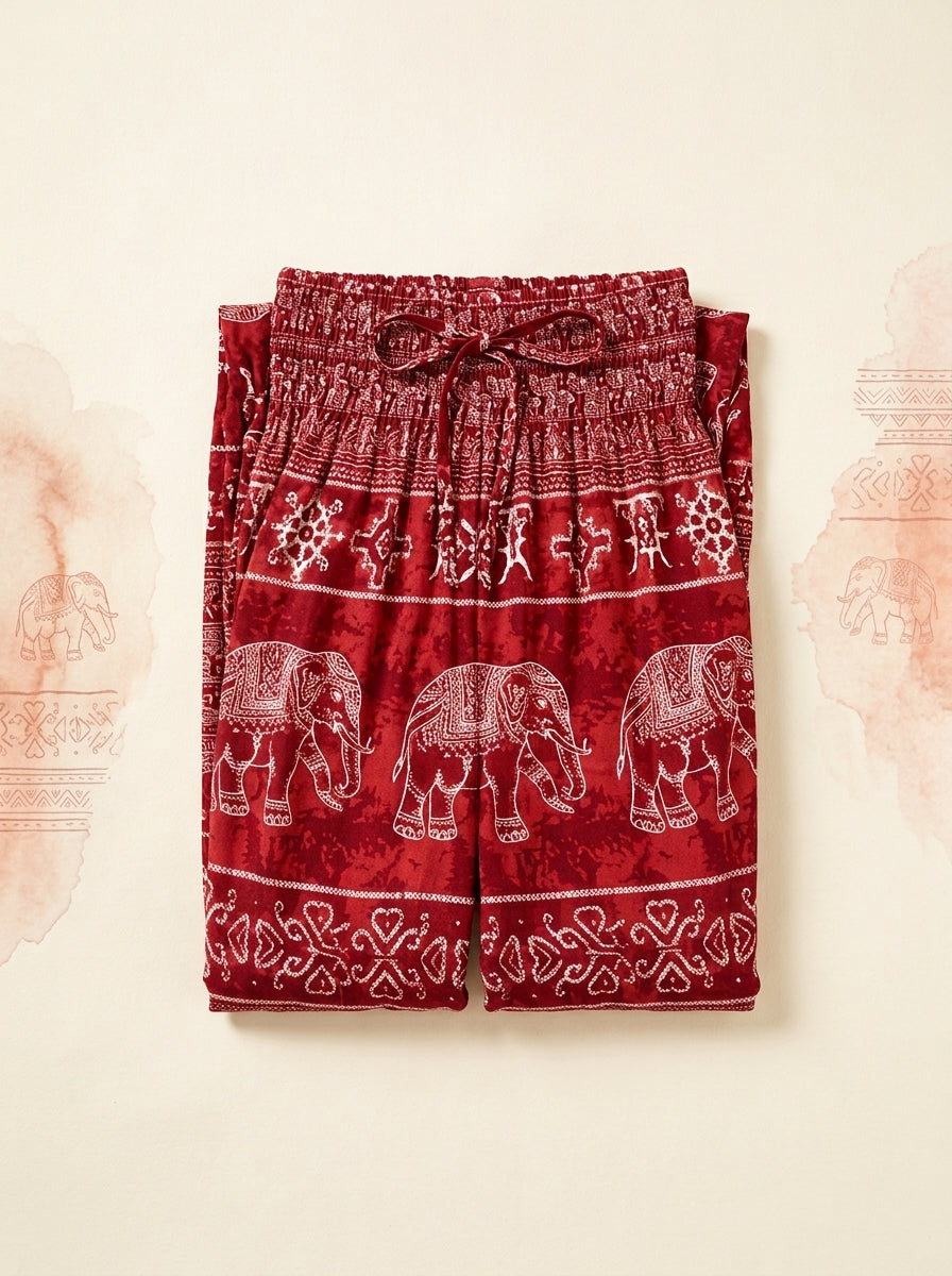 Thai Print Harem Pants in Red Elephant, folded flat