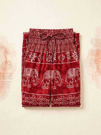 Thai Print Harem Pants in Red Elephant, folded flat