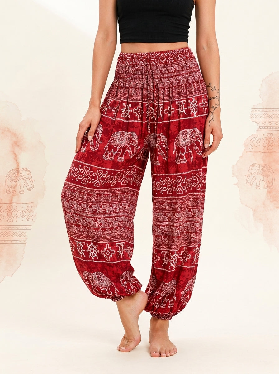 Thai Print Harem Pants in Red Elephant, front view