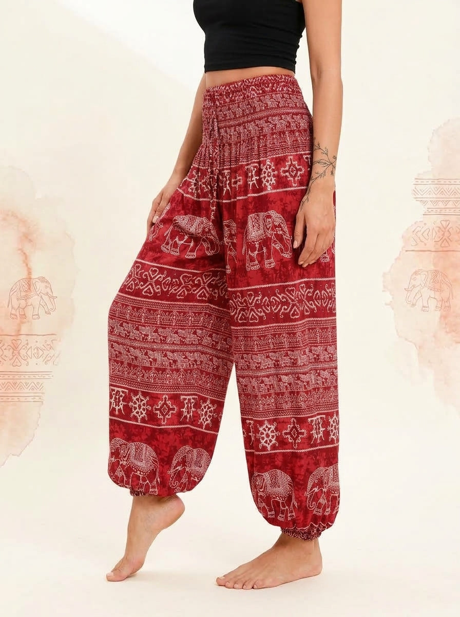 Thai Print Harem Pants in Red Elephant, side view