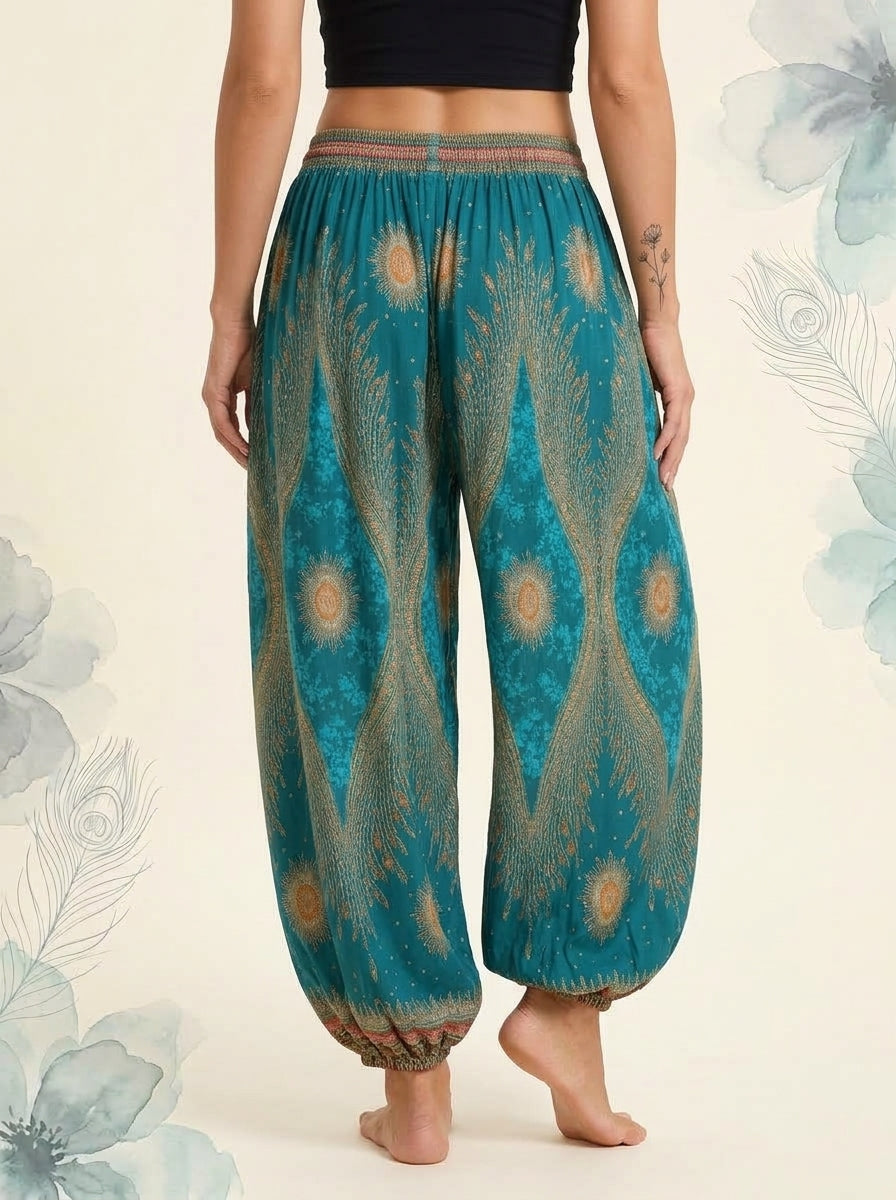 Thai Print Harem Pants in Teal Gold, back view