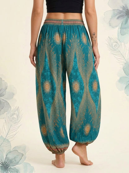 Thai Print Harem Pants in Teal Gold, back view