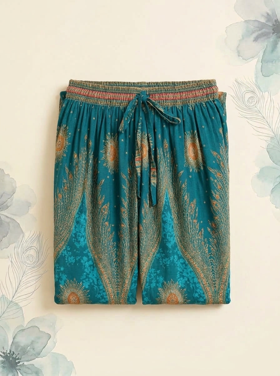 Thai Print Harem Pants in Teal Gold, folded flat