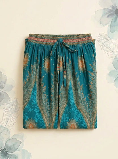 Thai Print Harem Pants in Teal Gold, folded flat