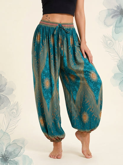 Thai Print Harem Pants in Teal Gold, front view
