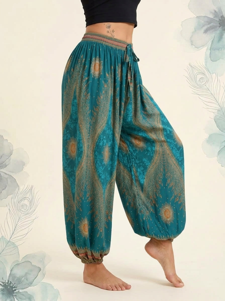 Thai Print Harem Pants in Teal Gold, side view