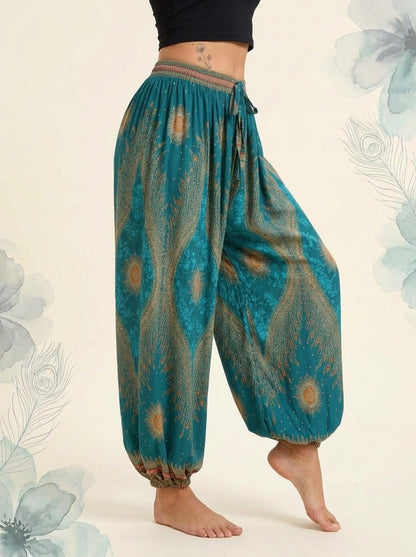 Thai Print Harem Pants in Teal Gold, side view
