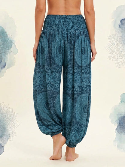 Thai Print Harem Pants in Teal Mandala, back view