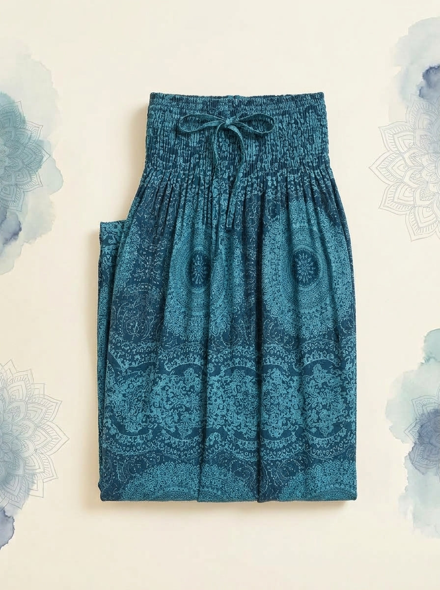 Thai Print Harem Pants in Teal Mandala, folded flat