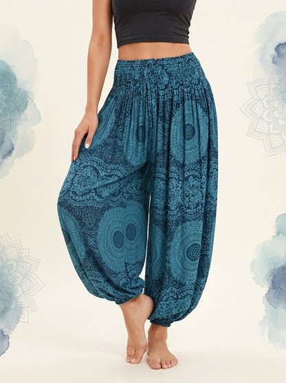 Thai Print Harem Pants in Teal Mandala, front view