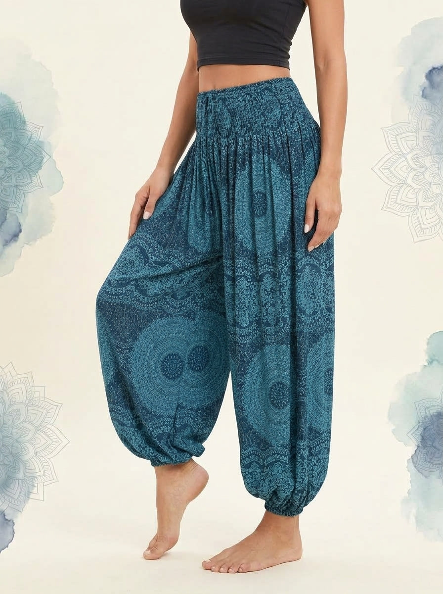 Thai Print Harem Pants in Teal Mandala, side view