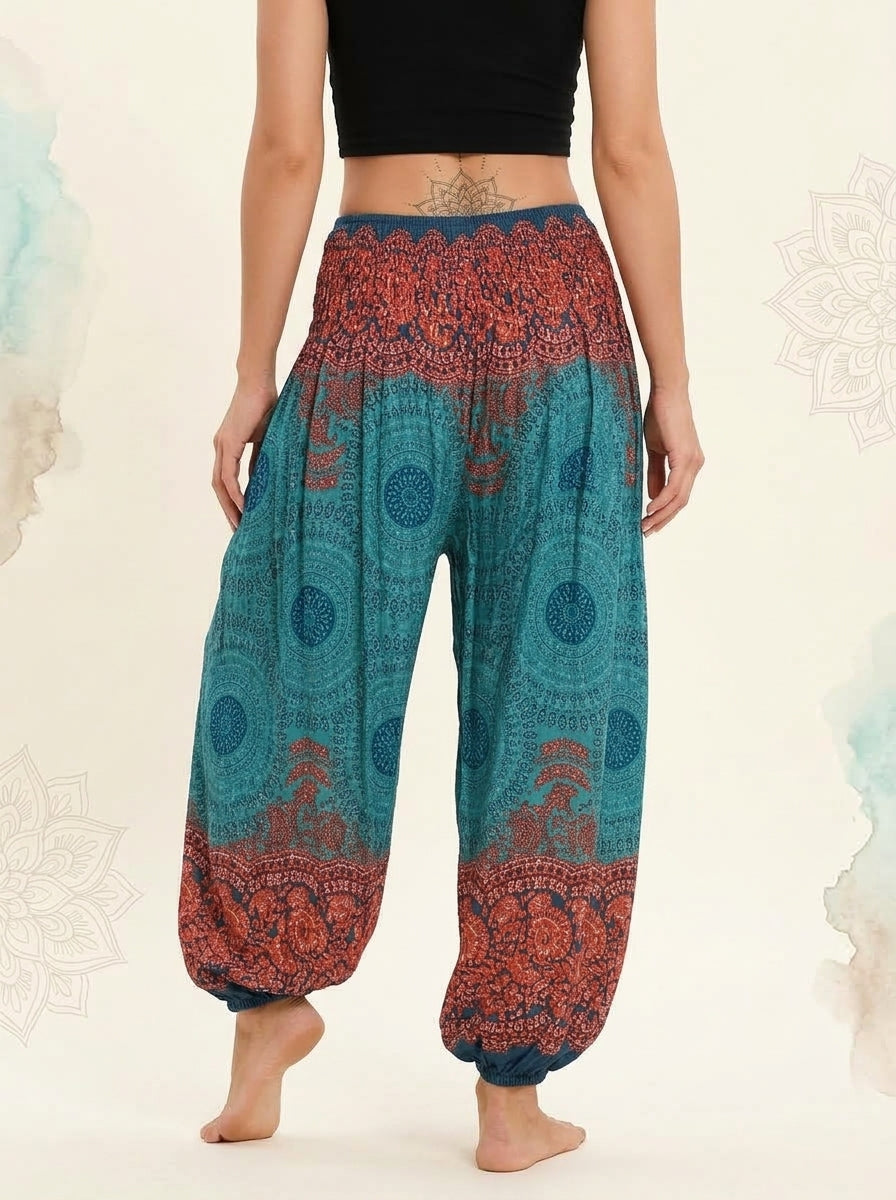 Thai Print Harem Pants in Teal Rust, back view