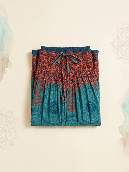 Thai Print Harem Pants in Teal Rust, folded flat