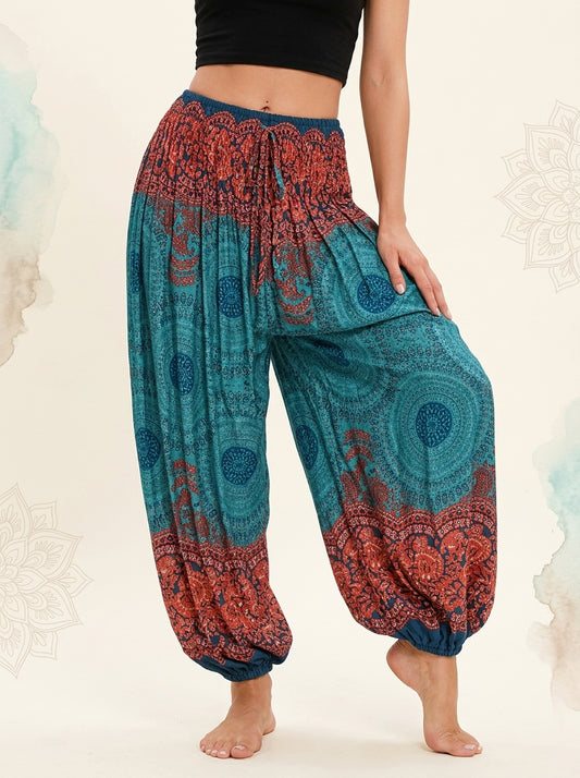 Thai Print Harem Pants in Teal Rust
