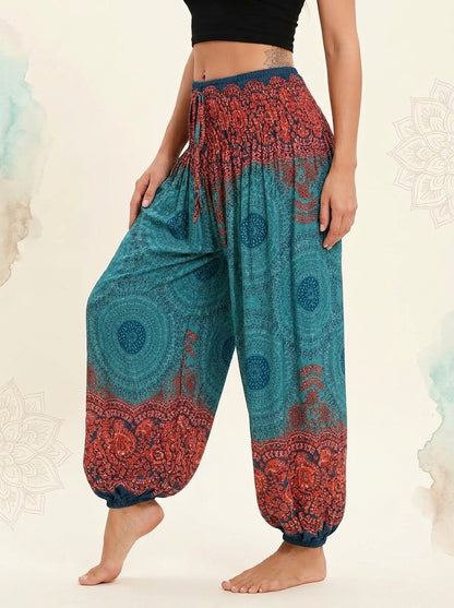 Thai Print Harem Pants in Teal Rust, side view