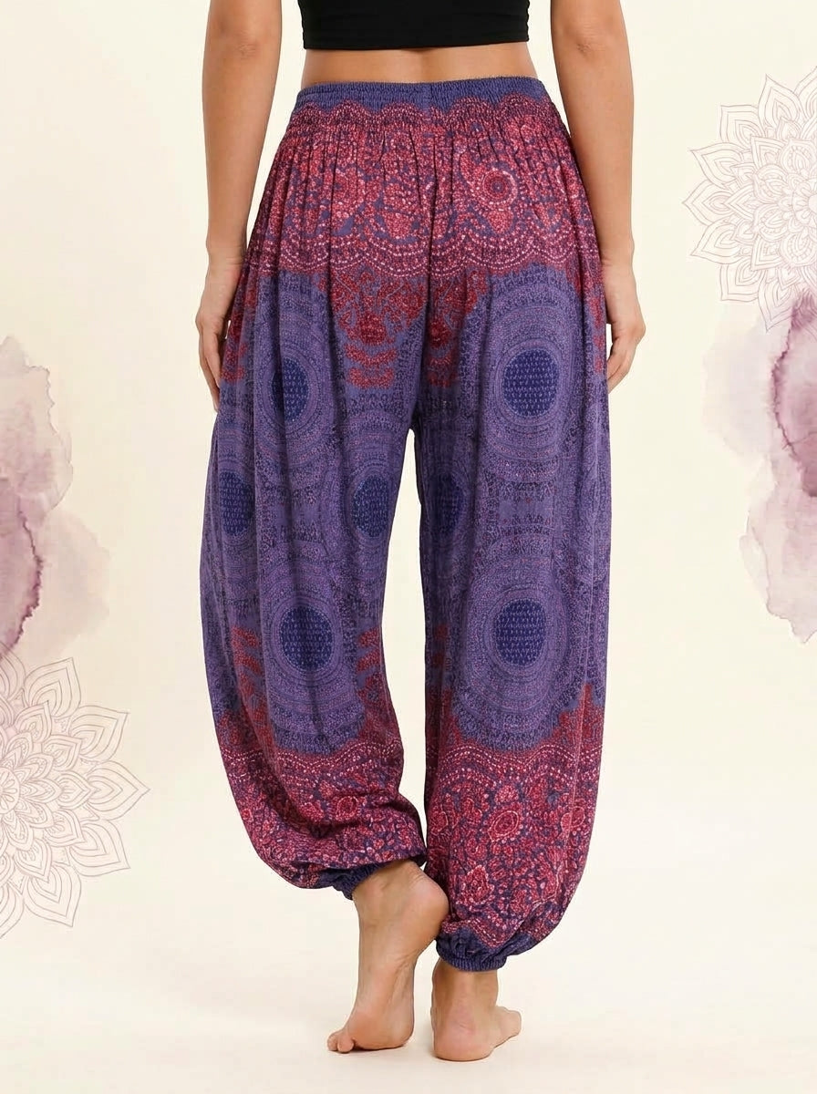 Thai Print Harem Pants in Violet Berry, back view
