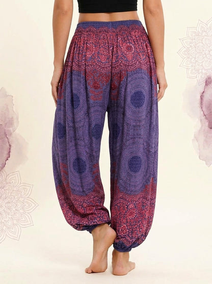 Thai Print Harem Pants in Violet Berry, back view