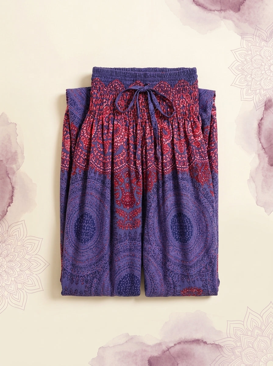 Thai Print Harem Pants in Violet Berry, folded flat