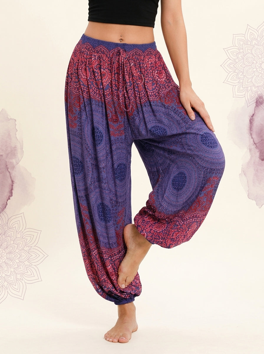 Thai Print Harem Pants in Violet Berry, front view