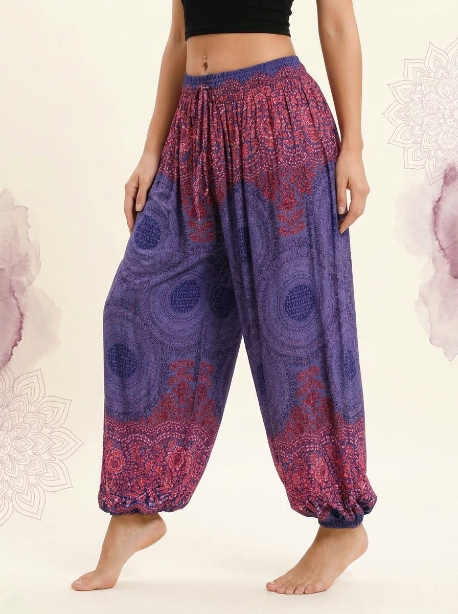Thai Print Harem Pants in Violet Berry, side view