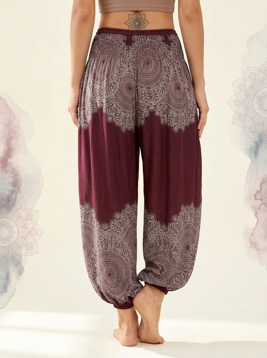 Thai Print Harem Pants in Wine Lace, back view