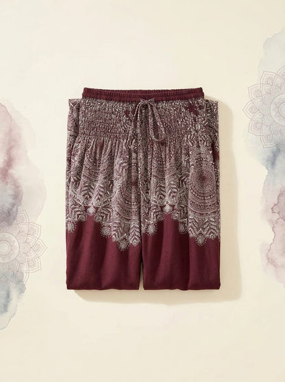 Thai Print Harem Pants in Wine Lace, folded flat