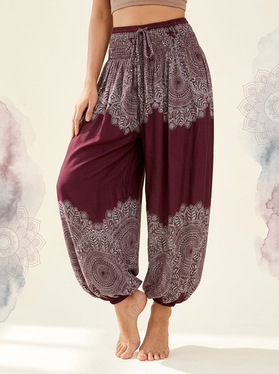 Thai Print Harem Pants in Wine Lace, front view