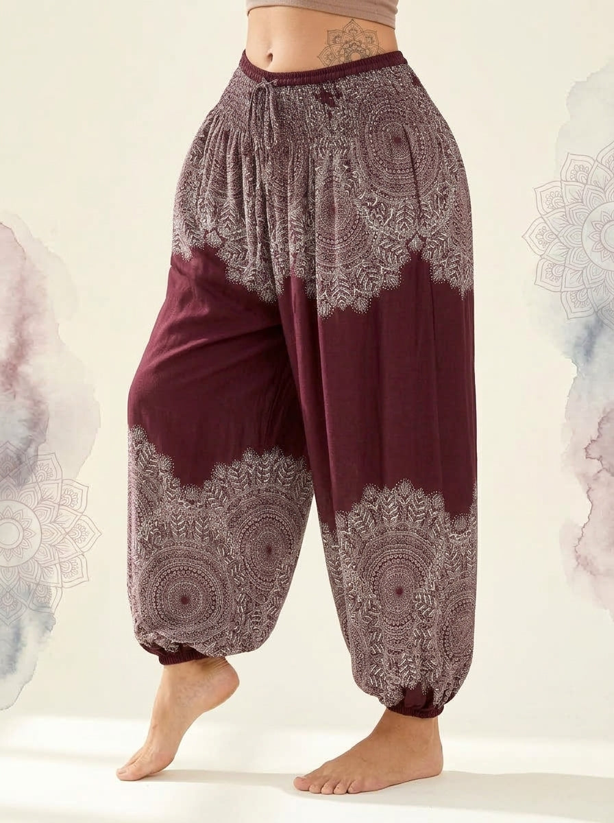 Thai Print Harem Pants in Wine Lace, side view