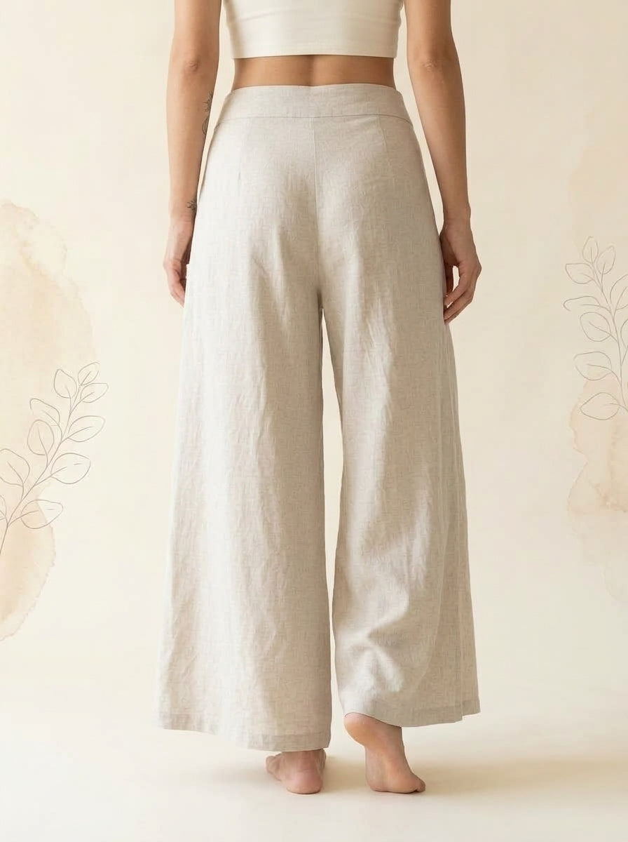 Cotton-Linen Wide-Leg Pants with Pockets in Beige, back view