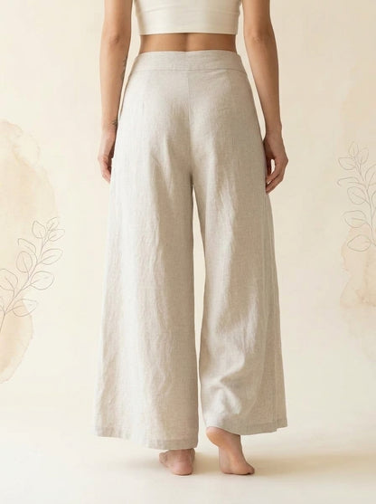 Cotton-Linen Wide-Leg Pants with Pockets in Beige, back view