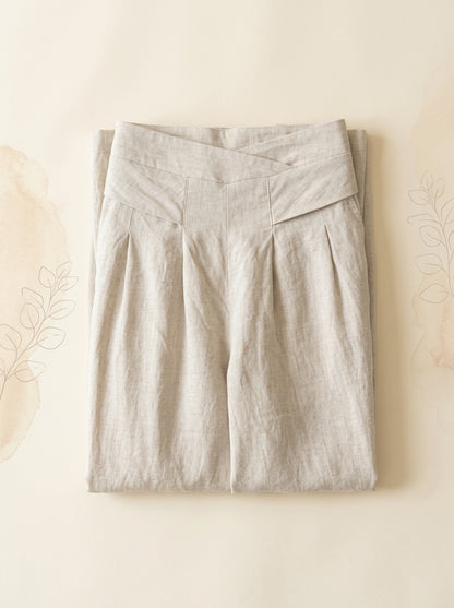 Cotton-Linen Wide-Leg Pants with Pockets in Beige, folded flat