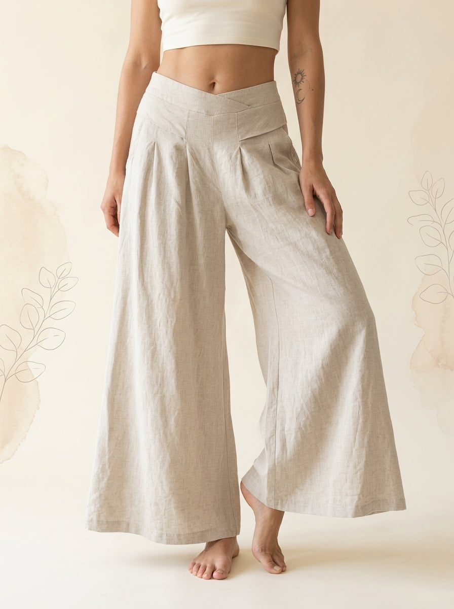 Cotton-Linen Wide-Leg Pants with Pockets in Beige, front view
