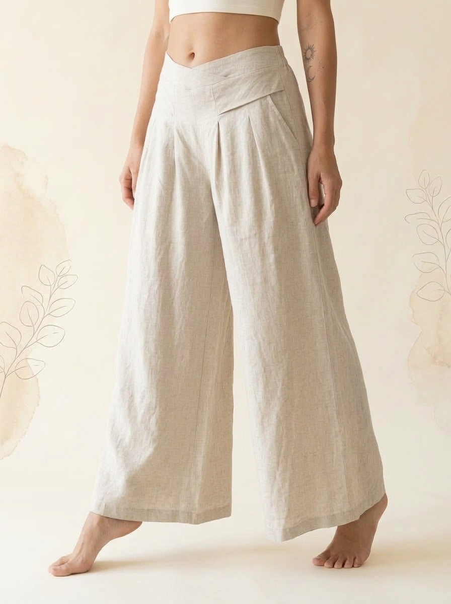 Cotton-Linen Wide-Leg Pants with Pockets in Beige, side view
