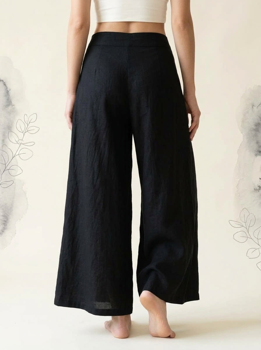 Cotton-Linen Wide-Leg Pants with Pockets in Black, back view