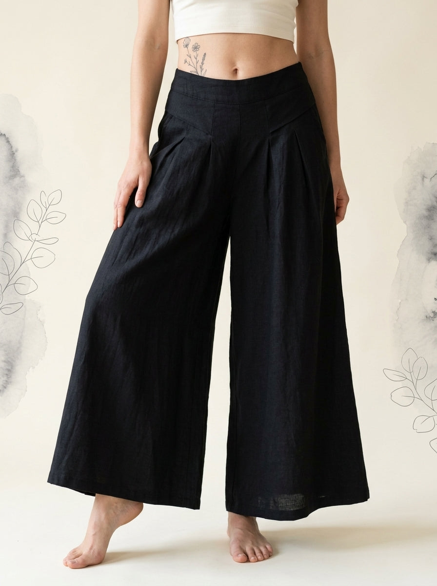 Cotton-Linen Wide-Leg Pants with Pockets in Black, front view