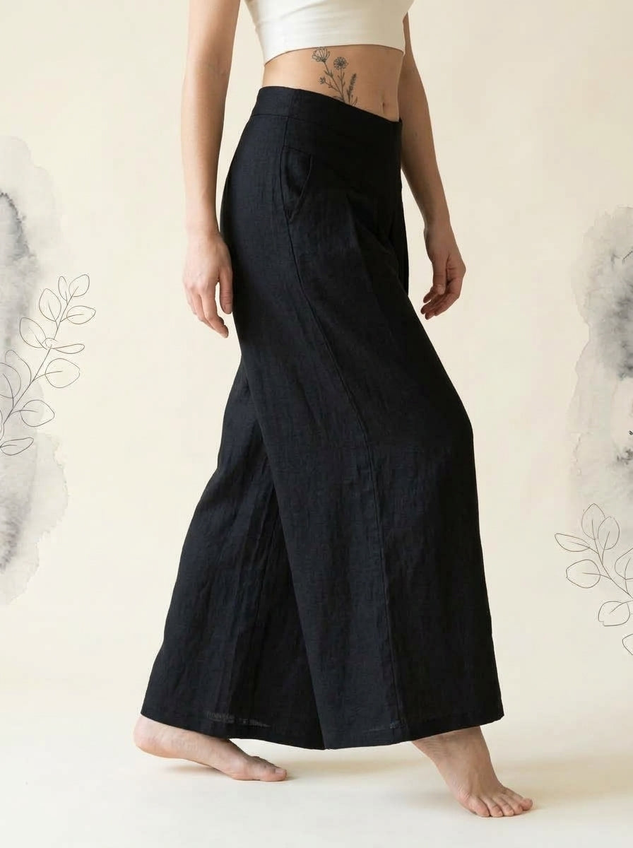 Cotton-Linen Wide-Leg Pants with Pockets in Black, side view