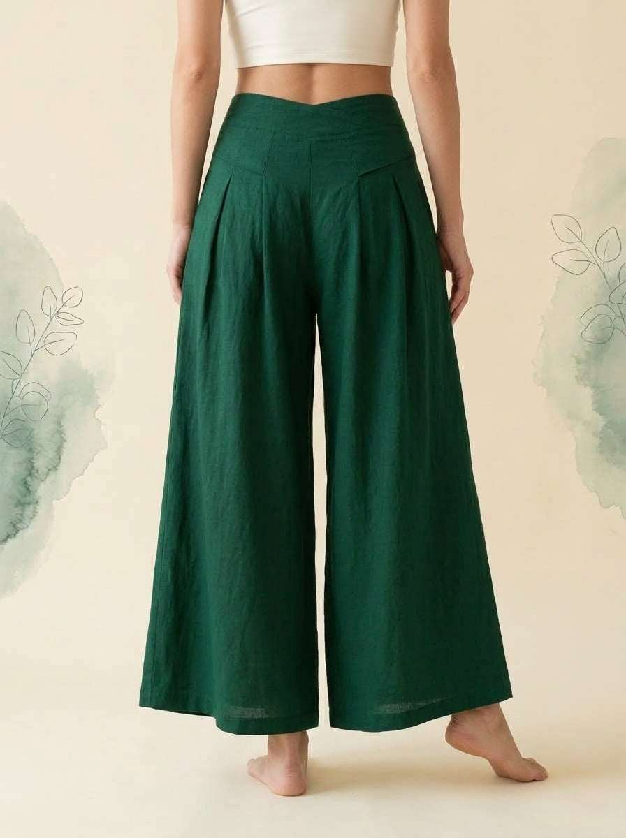 Cotton-Linen Wide-Leg Pants with Pockets in Dark Green, back view