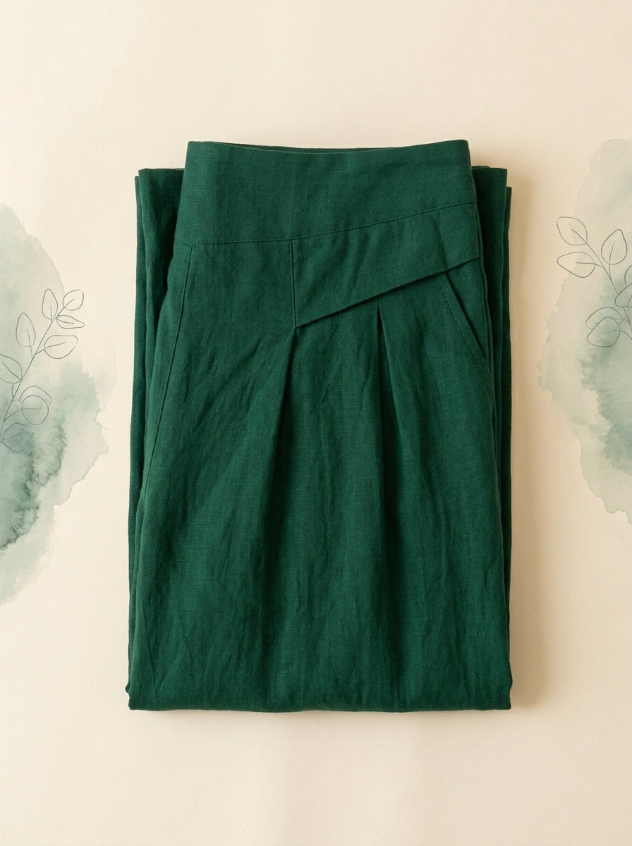 Cotton-Linen Wide-Leg Pants with Pockets in Dark Green, folded flat