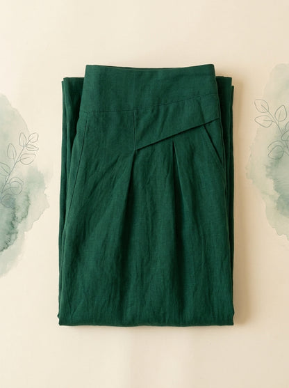 Cotton-Linen Wide-Leg Pants with Pockets in Dark Green, folded flat