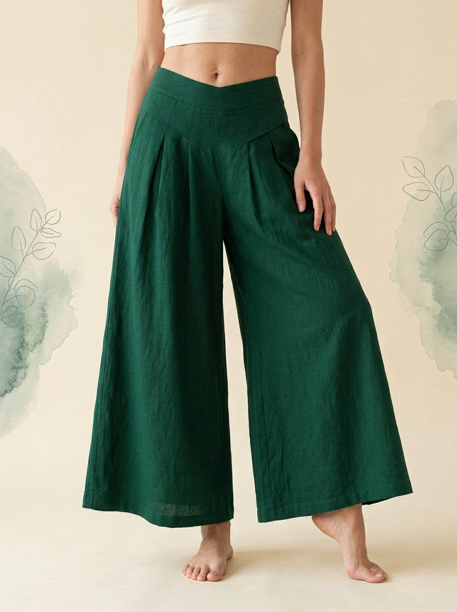 Cotton-Linen Wide-Leg Pants with Pockets in Dark Green, front view