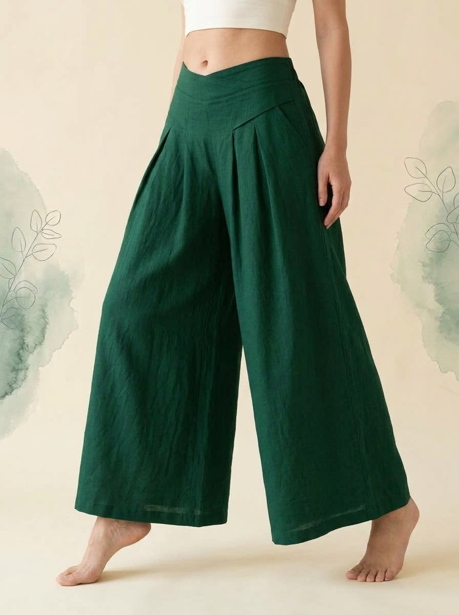 Cotton-Linen Wide-Leg Pants with Pockets in Dark Green, side view