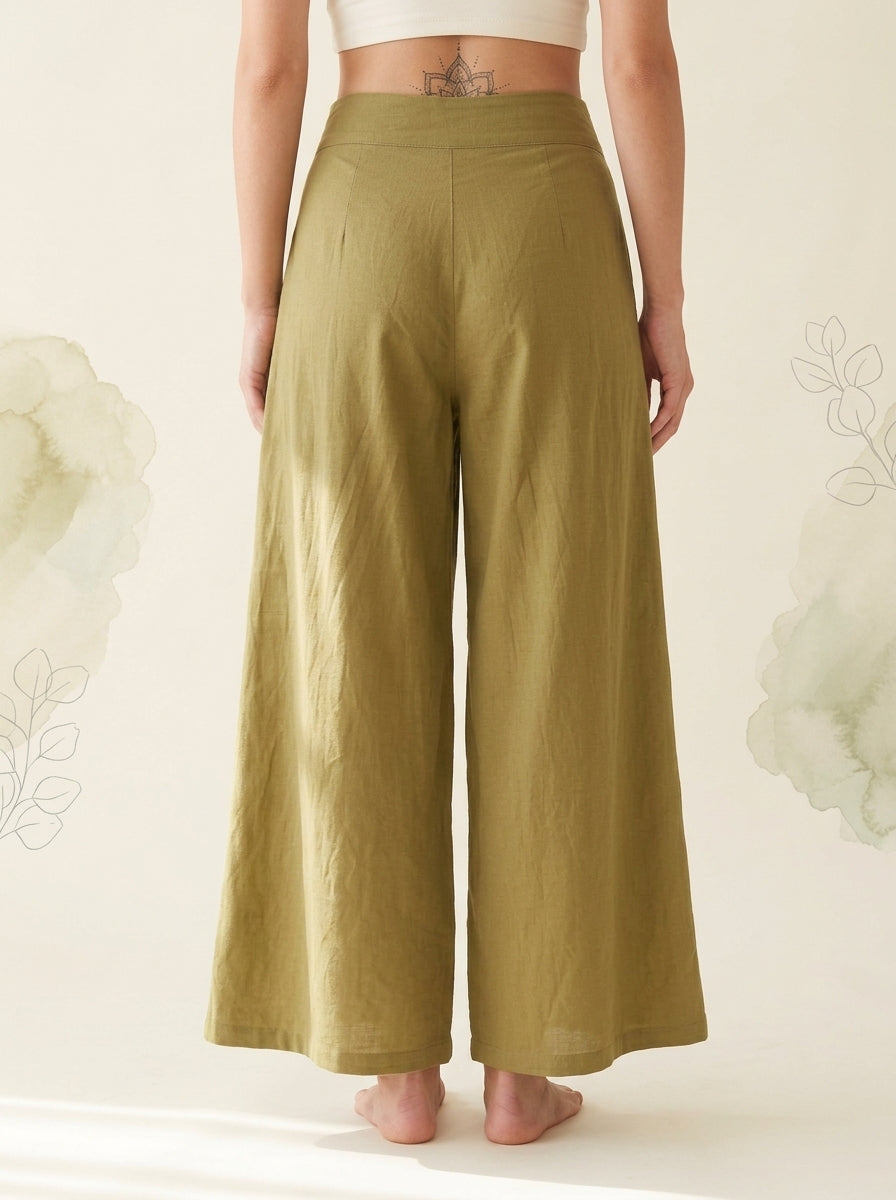 Cotton-Linen Wide-Leg Pants with Pockets in Dark Khaki, back view