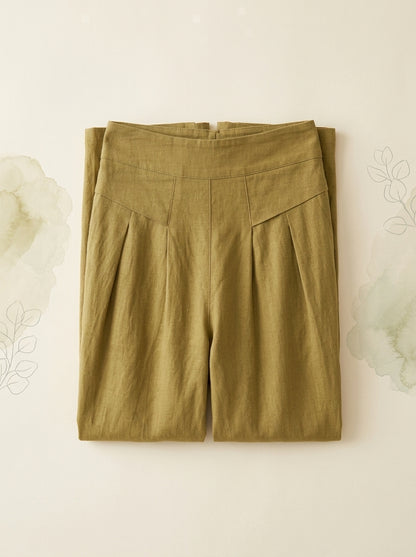 Cotton-Linen Wide-Leg Pants with Pockets in Dark Khaki, folded flat