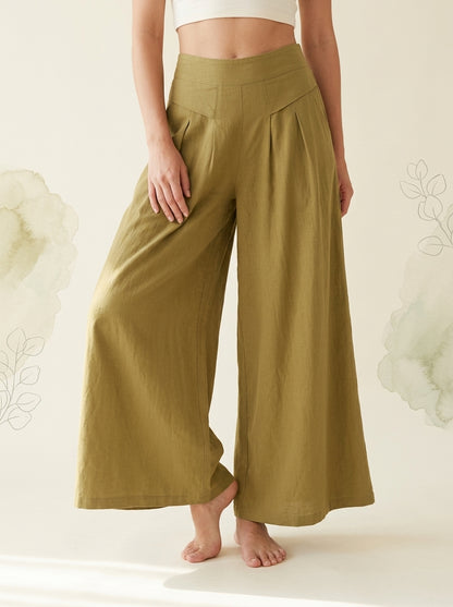 Cotton-Linen Wide-Leg Pants with Pockets in Dark Khaki, front view