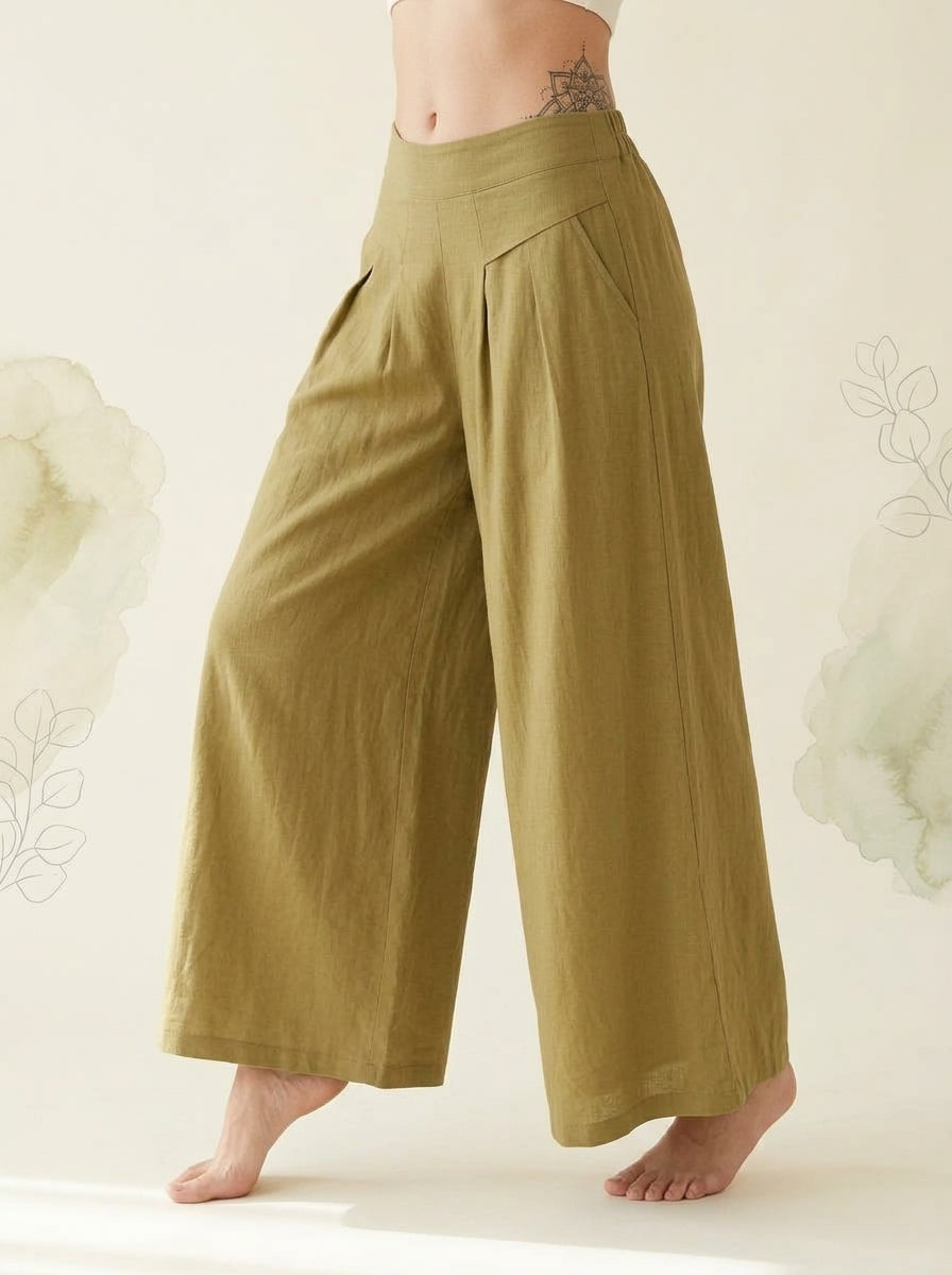 Cotton-Linen Wide-Leg Pants with Pockets in Dark Khaki, side view