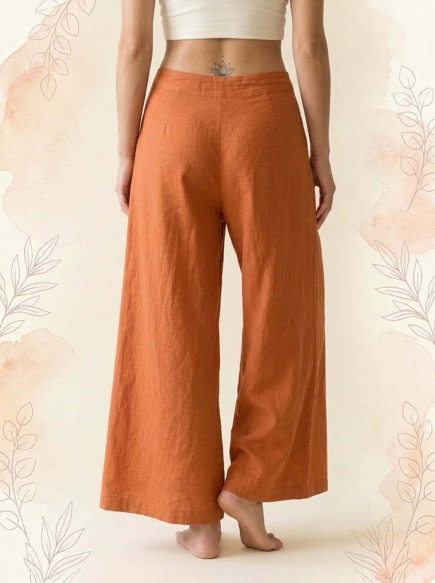 Cotton-Linen Wide-Leg Pants with Pockets in Orange, back view
