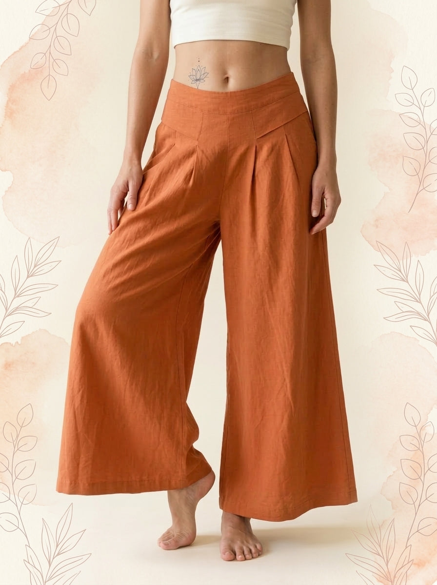 Cotton-Linen Wide-Leg Pants with Pockets in Orange, front view