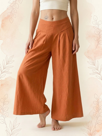 Cotton-Linen Wide-Leg Pants with Pockets in Orange, front view
