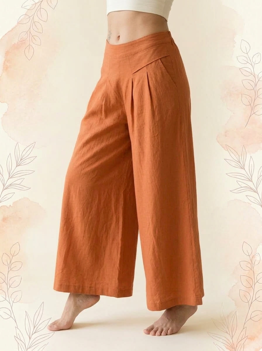 Cotton-Linen Wide-Leg Pants with Pockets in Orange, side view