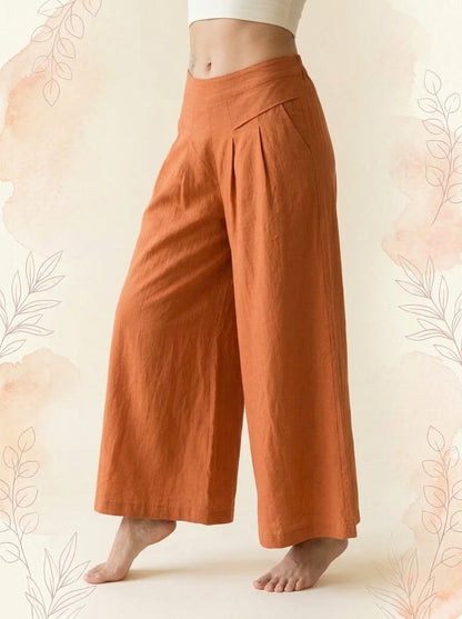 Cotton-Linen Wide-Leg Pants with Pockets in Orange, side view